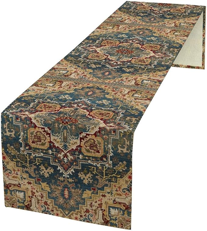 Boho Bohemia Style Table Runner, Country Rustic Farmhouse Vintahe Colorful Geometry Print Table Runner for Home Kitchen Dinner Party Holiday Decor, 13x70inch