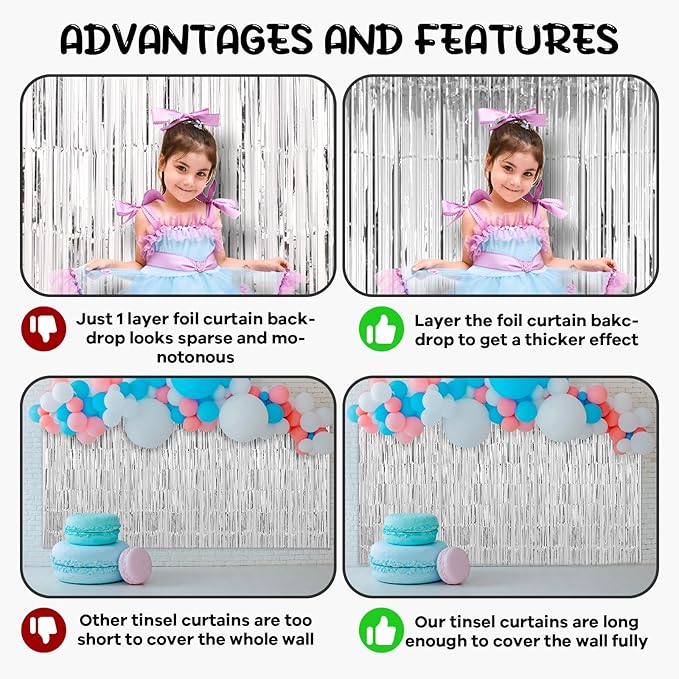 2 Pack Silver Foil Fringe Backdrop Curtains, Tinsel Streamers Birthday Party Decorations, Fringe Backdrop for Graduation, Baby Shower, Gender Reveal, Disco Party