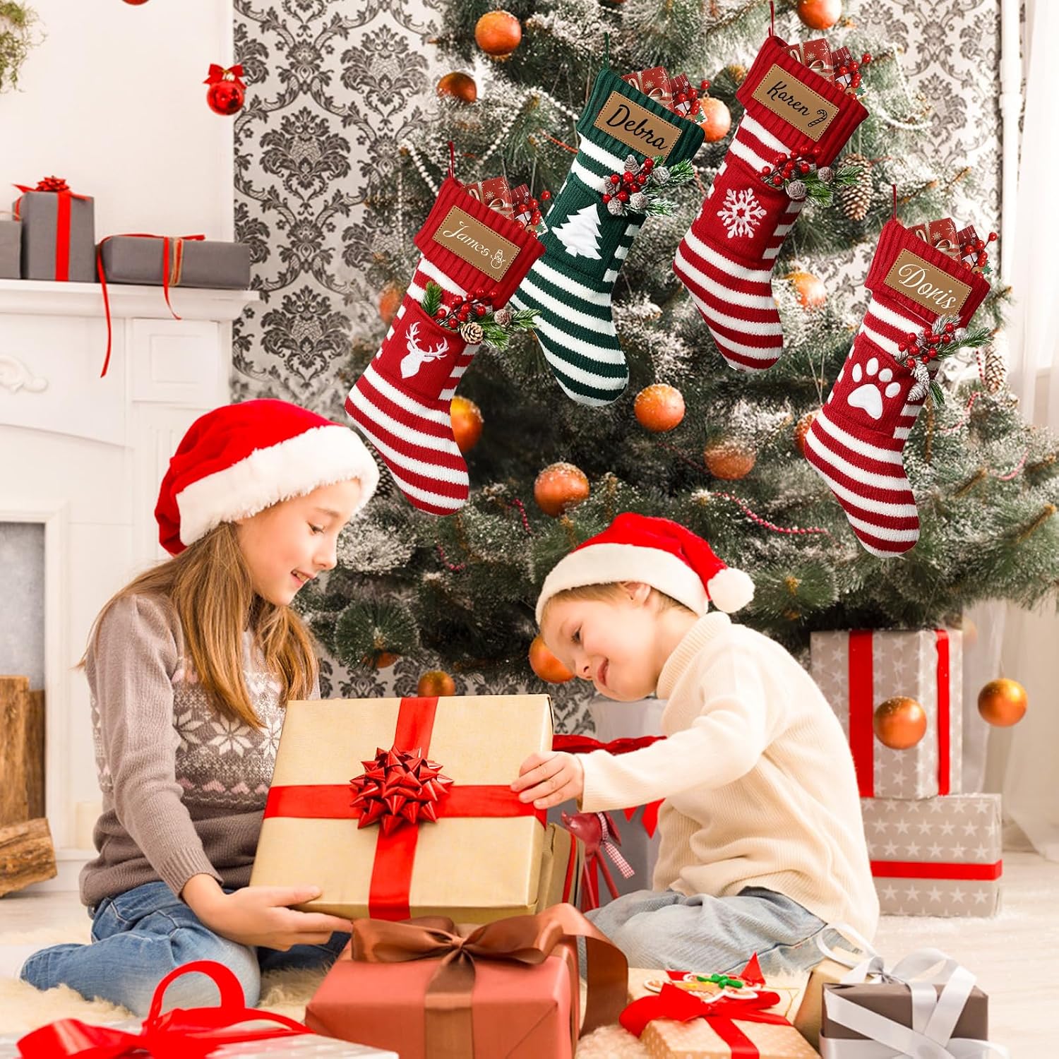 DPDP Personalized Christmas Stockings – Custom Christmas Stockings with Names, 18" Large Family Knit Stocking with Leather Nameplate, Customized Xmas Decorations for Fireplace, Gifts for Kids 1 Pack
