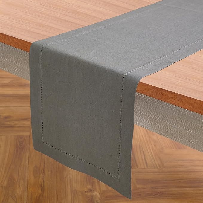 Solino Home Linen Steel Gray Table Runner 120 Inches Long - 100% Pure Linen Hemstitch 14 x 120 Inch Table Runner for Dining, Fall, Autumn - Classic Hemstitch