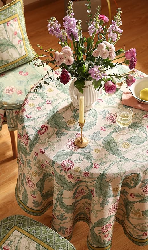 patdrea Designer Vintage Green Round Tablecloth,Linen Leaves Floral Pattern Table Cloth,Decor Table Cover for Kitchen Dining Christmas,Tea Party,Thanksgiving,Tea Party,Diameter 67"-Cecilia a
