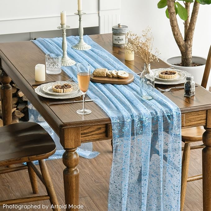 Artoid Mode 3PCS Light Blue Gauze Table Runner 120 Inch 10FT, Glitter Metallic Foil Sheer Dining Wedding Anniversary Holiday Table Decor for Home Party