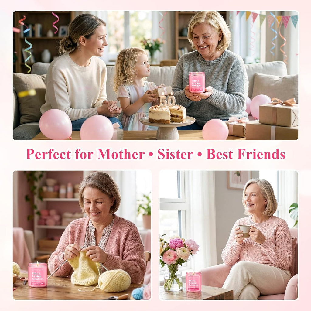 50th Birthday Candle Gifts for Women - Fifty & Fabulous! Creamy Vanilla & Natural Soy Wax Candle, Pink Jar Funny Gifts for Daughter, Sister, Best Friend or Wife Birthday Decorations