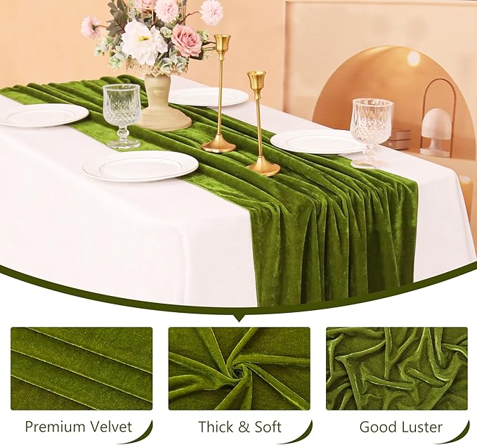 Velvet Table Runner 20 x 120 Inches 10ft Luxurious Thick Soft Velvet Christmas Thanksgiving Wedding Reception Table Runner for Party Reception Decorations(Olive Green, 1 Pack)