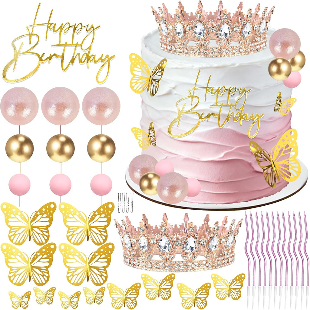 Crown Cake Topper, Corona Para Pastel, Crown Happy Birthday Cake Toppers Balls Candles Butterflies, Birthday Crown for Women Queen Princess Party Wedding Cake Decor (Rose Gold, White)