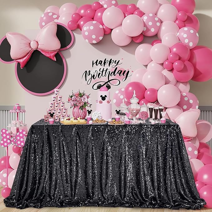 QueenDream Black Party Decorations Sequin Tablecloth: Glitter Overlay 90x90 Inch Table Drapes for Banquet Wedding Theme Party Planners