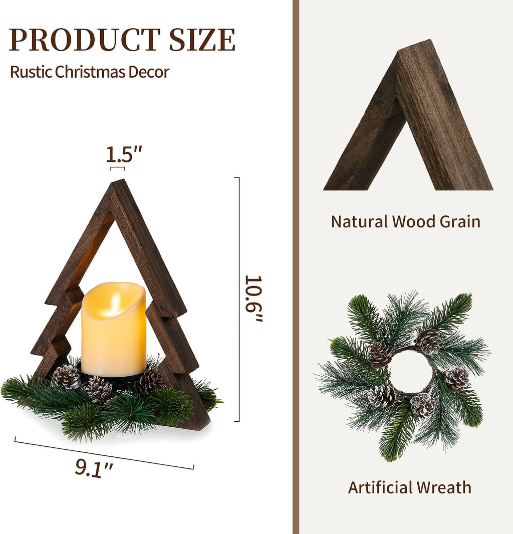 Hanobe Farmhouse Christmas Table Decorations: Rustic Wood Christmas Centerpiece Tree with Pine Ring & Remote Timer LED Candle for Home Shelf Mantel Office Decor