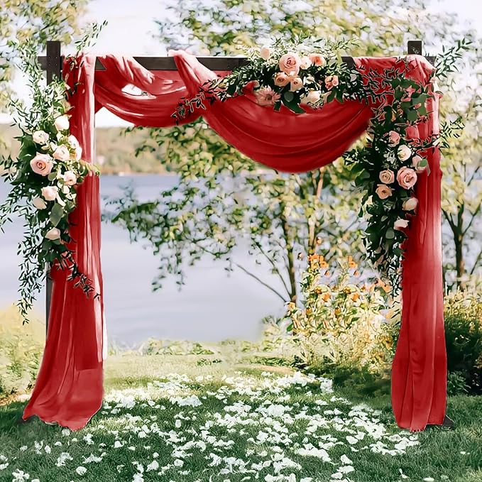 VOK Red Wedding Arch Draping Fabric Chiffon Fabric, 29in x 18Ft Sheer Chiffon Outdoor Curtain for Wedding Ceremony Birthday Party Decoration (Red,1 Panel)