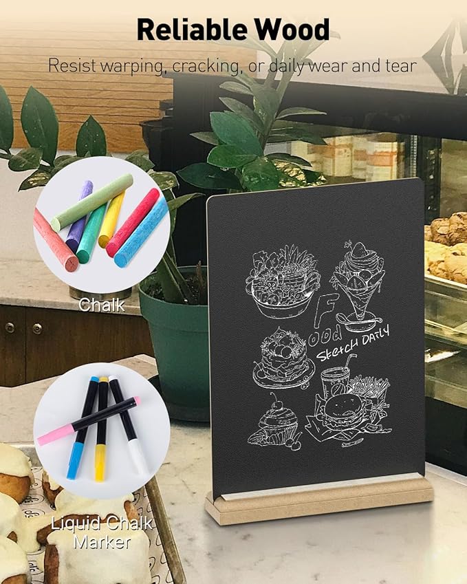 Uniclife A4 Tabletop Chalkboard Sign with Stand & Chalk Markers, 8.3 x 11.7 Inch, Double-Sided Wooden Chalk Board Sign for Tables, Large Reusable Message Board, Menu Board for Bar Restaurant Wedding