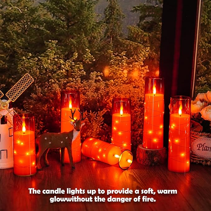 Flameless Candles with Embedded Star String - Battery Operated LED Candles, with Remote,12 Red Flickering Candles for Christmas, Weddings, Home Decor & Party,(D 2.3"×H 5" 6" 7")