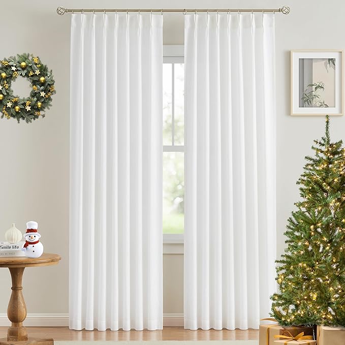 Vision Home White Pinch Pleated Semi Sheer Curtains Textured Light Filtering Window Curtains 102 inch for Living Room Bedroom Rayon Blended Pinch Pleat Drapes with Hooks 2 Panels 40" Wx102 L