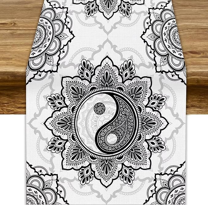 Yin Yang Table Runner, Bohemian Mandala Vintage Black White Traditional Oriental Floral Print Table Runner for Home Kitchen Dining Table Wedding Party Decor, 13x70inch