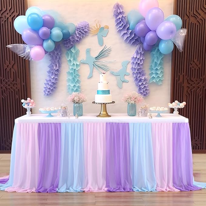 6ft Pink Blue Purple Tulle Table Skirts for Mermaid Baby Shower Birthday Party Wedding Pastel Tutu Table Cloth Cover for Rectangle Tables or Round Tables