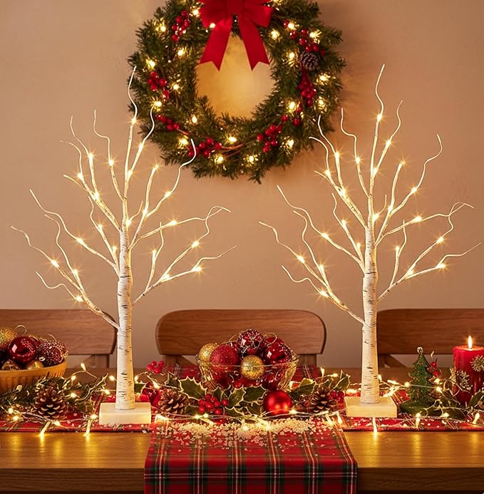 EAMBRITE Lighted Birch Tree Christmas Decorations Indoor for Home, 2Pack 24 LED Battery Operated/USB Tabletop Mini Small Artificial White Trees with Lights for Table Mantel Winter Xmas Decor (2FT)