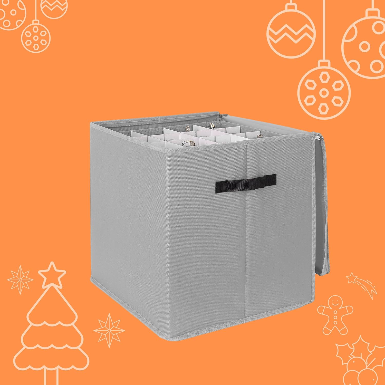 Relaxdays Christmas Bauble Storage Box, 64 Baubles, H x W x D: 40 x 36.5 x 36.5 cm, Polyester, Cardboard, Ball Box, Grey