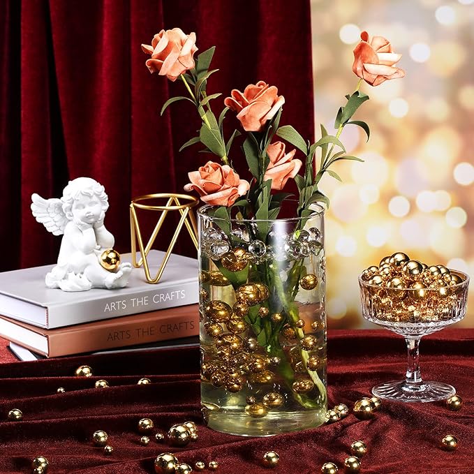 150 Pieces Vase Filler Faux Pearls Vase Makeup Beads No Hole Gloss Bead Mixed Sizes Round Pearl for Home Party Wedding Decor, 8/14/20 mm(Gold)
