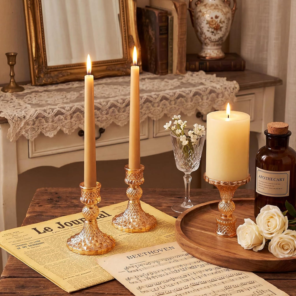 Sieral 24 Pcs Gold Taper Candle Holders 4'' Tall Candlestick Glass Holders Bulk Crystal Decorative Stand Wedding Stick Holder for Anniversary Party Dining Table Festival Decor