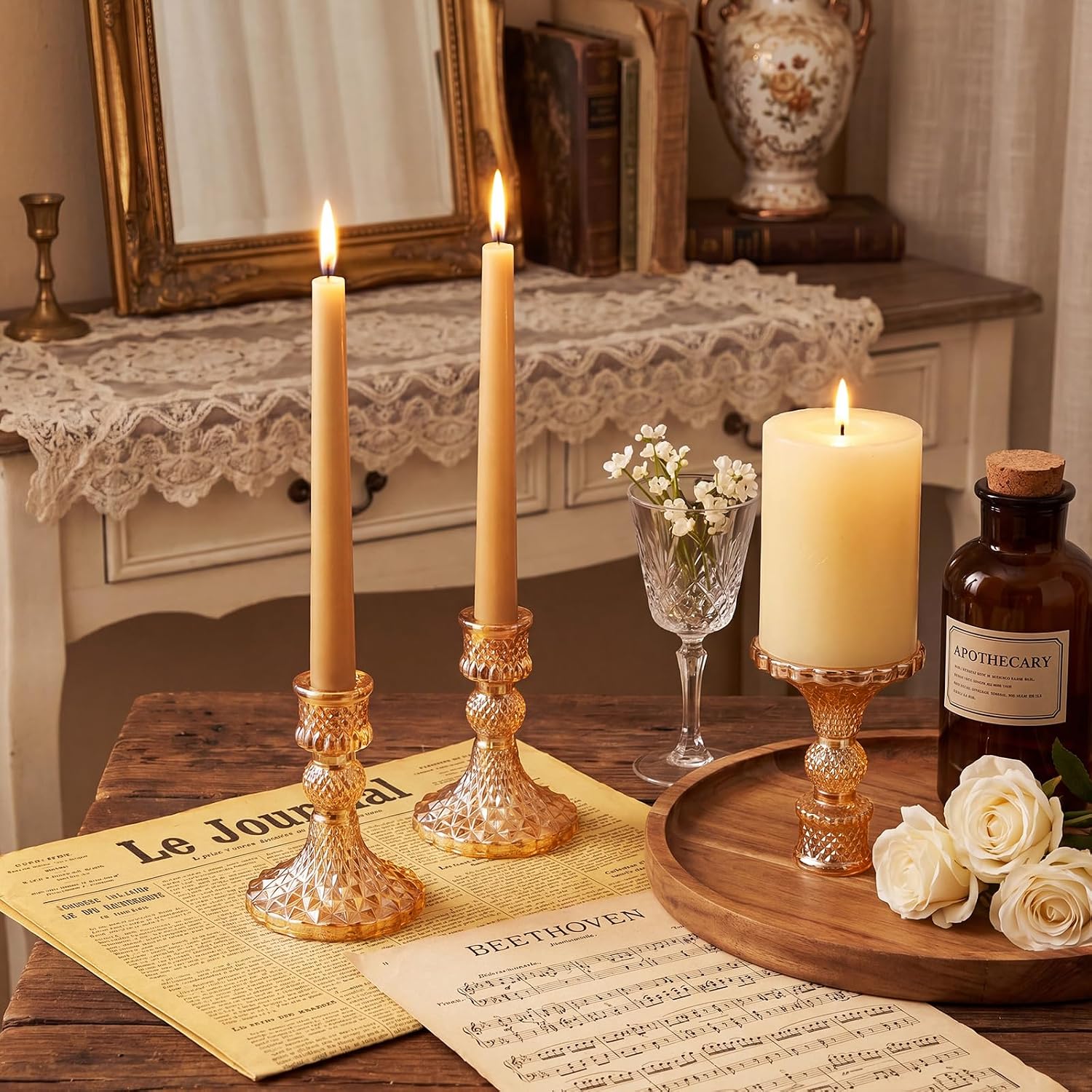 Sieral 24 Pcs Gold Taper Candle Holders 4'' Tall Candlestick Glass Holders Bulk Crystal Decorative Stand Wedding Stick Holder for Anniversary Party Dining Table Festival Decor