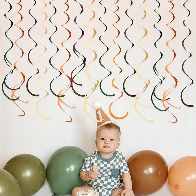 36 Pcs Green Brown Orange Beige Hanging Swirl Decorations Felt Swirl Streamer Spiral Ceiling Garland for Woodland Safari Jungle Wild One Birthday Neutral Baby Shower Party Decorations Supplies