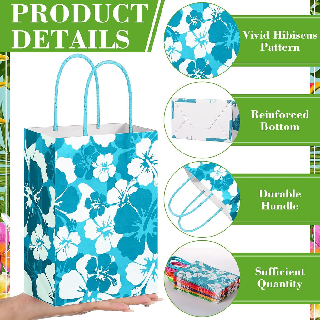 Teling 36 Pcs Hibiscus Party Favor Hawaiian Themed Paper Bags with Handles Summer Tropical Gift Tiki Luau Treat Hawaii Goodie Bags Kids Birthday Party Supplies Multicolor 8.3 x 6 x 3