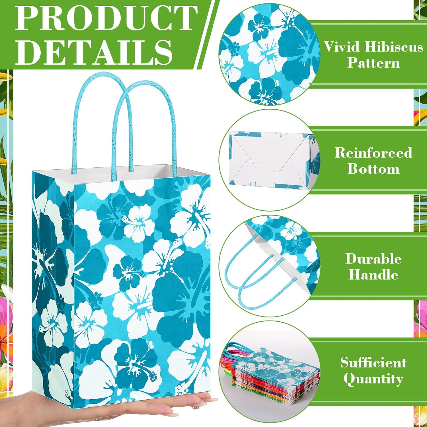 Teling 36 Pcs Hibiscus Party Favor Hawaiian Themed Paper Bags with Handles Summer Tropical Gift Tiki Luau Treat Hawaii Goodie Bags Kids Birthday Party Supplies Multicolor 8.3 x 6 x 3