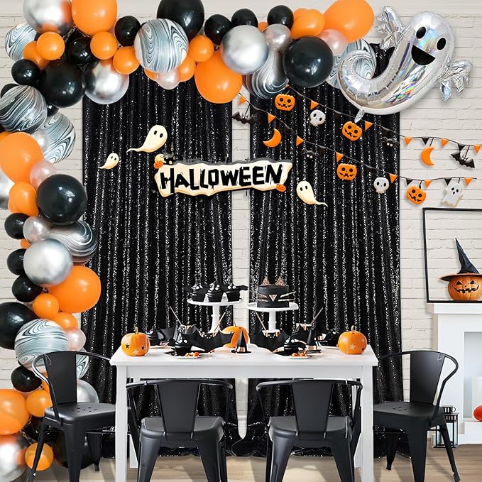 Black Sequin Backdrop 2 Panels 2FTx8FT Halloween Backdrop Curtains Party Decorations Birthday Wedding Photo Backdrop