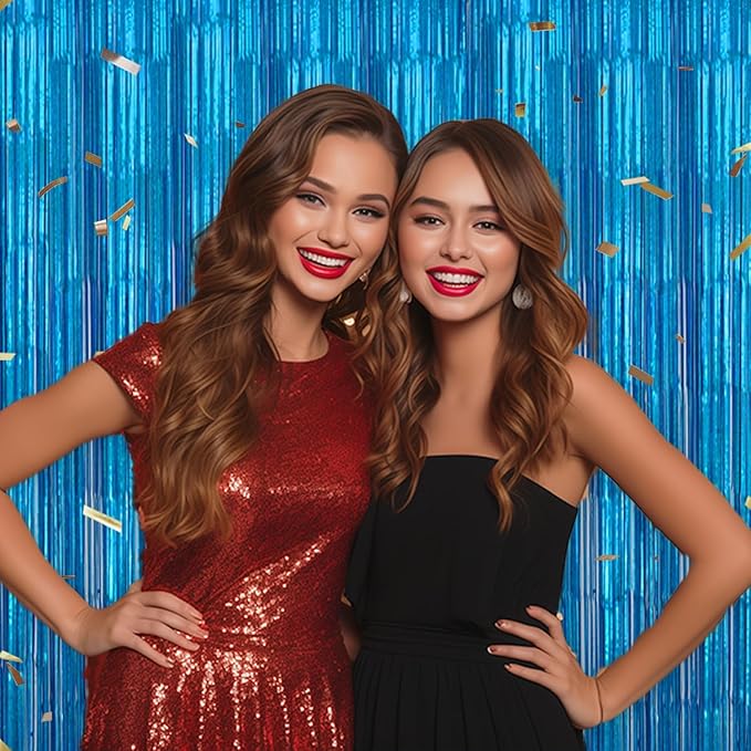 3 Pack Foil Fringe Backdrop - Laser Blue Shiny Tinsel Curtains for Party Decoration/Photo Booth Props - 3.3x8.2 FT Metallic Foil Backdrop for Birthday, Wedding, Graduation, Christmas.