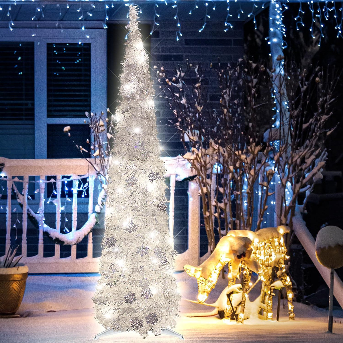 5ft pop up christmas tree pre-lit silver tinsel, main product view