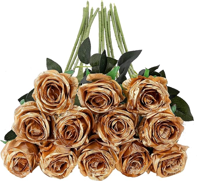 Tifuly Gold Roses Artificial Flowers -12Pcs Realistic Single Long Stem Fake Silk Roses Bouquet for Party Home Wedding Centerpiece Hotel Office Decor