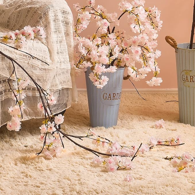 Fudios Lighted Garland Spring with Cherry Blossom 96 Fairy Lights 6FT for Mantle Year Round,Flower Garland with Lights with Timer Battery Operated for Wedding Party
