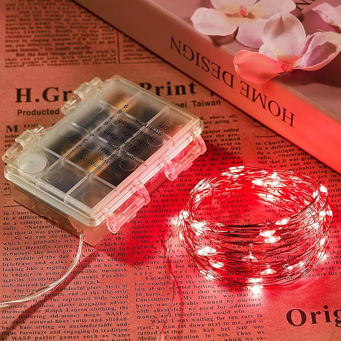2 Pack 16.4 Ft. Battery Operated Outdoor String Lights with Remote & Timer, LED Red Fairy Lights, Waterproof Twinkle Lights for Bedroom, Dorm, Mason Jar, Wedding, Party, Christmas