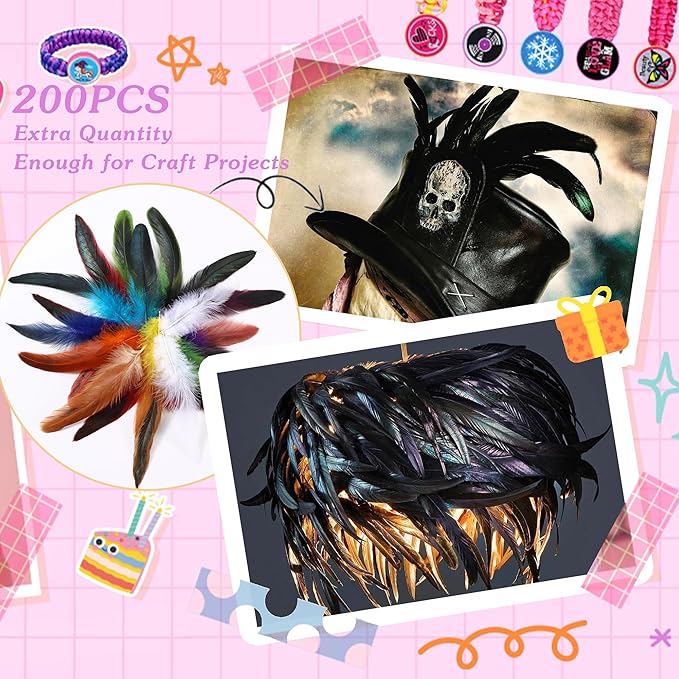 SOGUGOM Colorful Rooster Tail Feathers - 200 pcs 5-7 inch Craft Colored Feathers Bulk for Craft Projects, Halloween, Hats and Cocktail Table Centerpieces(Multicolor)