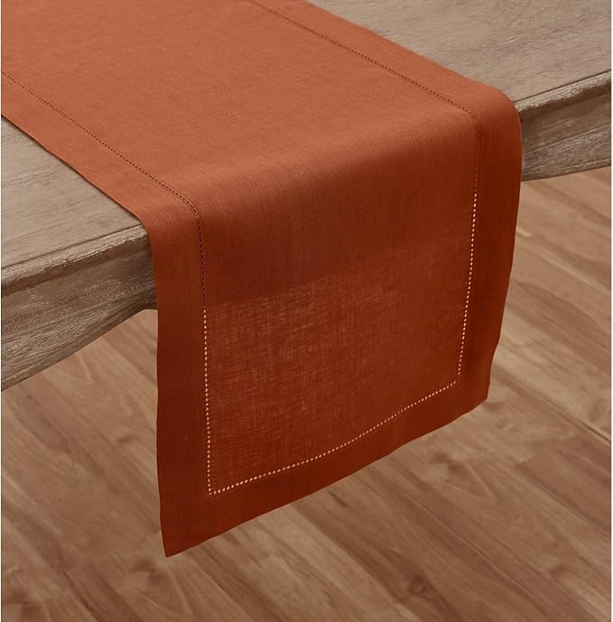 Solino Home Linen Cinnamon Hemstitch Table Runner 60 Inches - 100% Pure Linen Small Table Runner 14 x 60 Inch Ideal for Dresser and Coffee Tables - Classic Hemstitch - Fall, Halloween, Thanksgiving