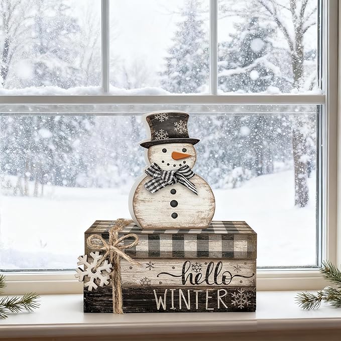 4 Pcs Snowman Christmas Decor Winter Table Decorations Christmas Tiered Tray Decor Winter Centerpiece Indoor Rustic Wooden Snowman Block Sign Gift Farmhouse for Home Kitchen Shelf