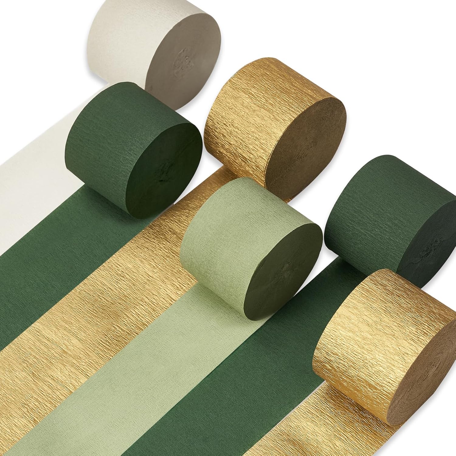 PartyWoo Sage Green Crepe Paper Streamers 6 Rolls 492 ft Pack of Hunter Sage Green Gold Sand White Crepe Paper for Jungle Safari Graduation Birthday Party Decorations (1.8 Inch x 82 Ft/Roll)