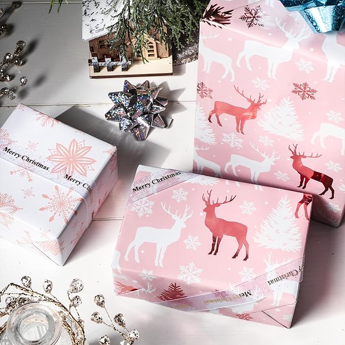 LeZakaa Christmas Pink Wrapping Paper Jumbo Roll, Reindeer & Snowflake, Metallic Foil, Rose Gold Foil Reversible Design for Festive Winter Holiday, Family Gathering, 30 inches x 100 Feet