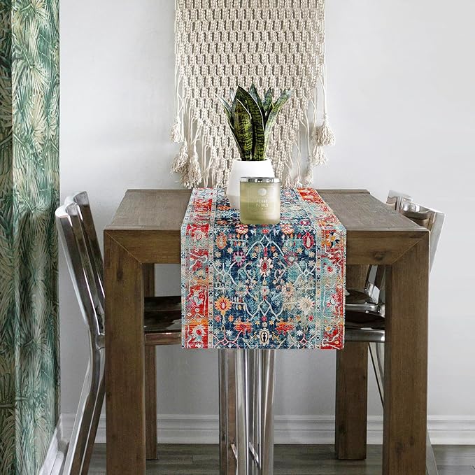 Snycler Table Runner Boho Table Runners Vintage Elegant Farmhouse Table Center Linen Decor for Home Dining Party Entrance (13x108 Inch) Boho-Blue&Red