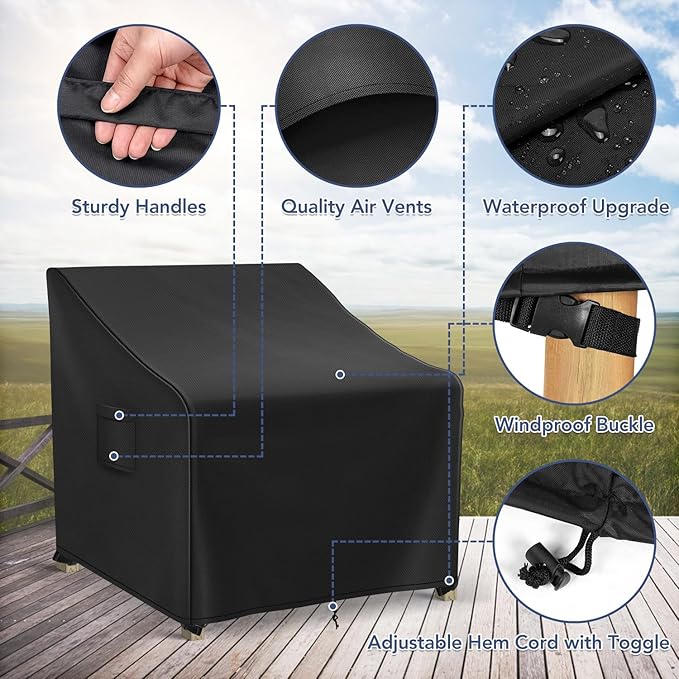 Patio Furniture Covers Waterproof for Chairs, Lawn Outdoor Chair Covers 2 Pack, Patio Chair Covers for Outdoor Furniture Fits up to 26W x 25D x 34H inches, Black