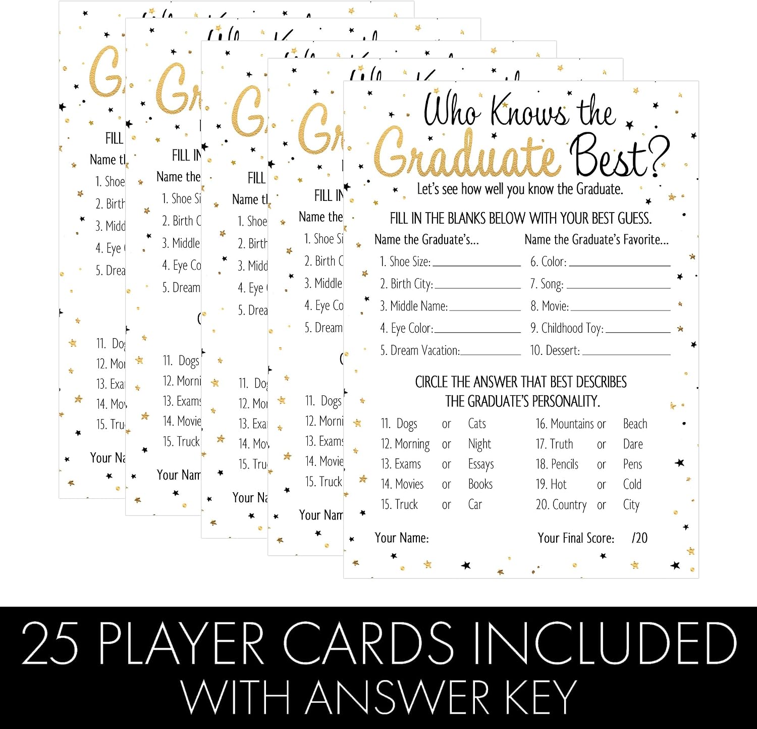 DISTINCTIVS Who Knows The Graduate Best Graduation Game, 25 Count | 5" x 7" Cards, Class of 2026 Grad Party Theme Idea Activity