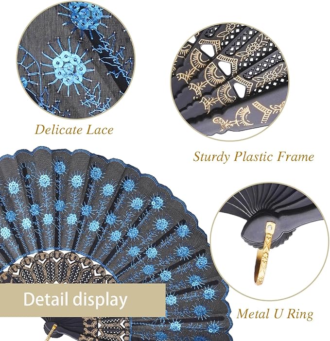 QIRMIZI 10 Pack Fabric Folding Handheld Fans, Perfect for Weddings, Parties, and Dancing,Light Blue