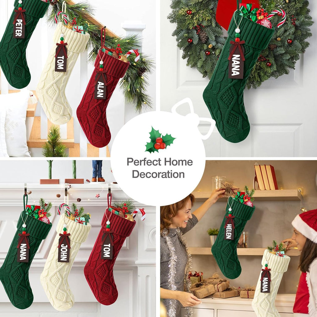 Hommtina Christmas Stockings, Personalized Christmas Stockings 18 Inches Large Size Cable Knitted Stocking Gifts (6pcs White&red&Green)