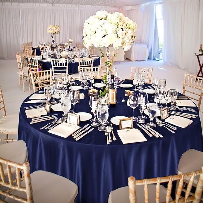 fani 6 Pack 120 Inch Navy Blue Satin Tablecloth - Premium Bright Silky Round Tablecloth Overlay Smooth Fabric Table Cover, Table Decoration for Wedding Party Banquet Events Restaurant Kitchen Dining