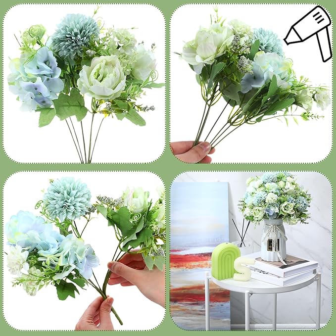 Tigeen Artificial Flowers Artificial Peonies Silk Flowers Faux Peony Fake Peony Silk Hydrangea Bouquet for Wedding Table Centerpiece Floral Vase Decor(White Green,12 Bundles)