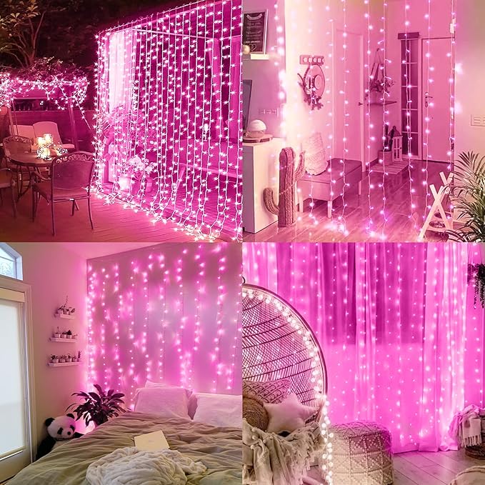 Brightown 300 LED Curtain Lights for Bedroom 9.8 FT Hanging Window Lights with Remote, Connectable, 8 Modes, Waterproof Fairy Lights for Outdoor Indoor Valentine's Day Christmas Holiday Party, Pink