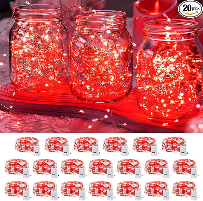 20 Pack LED Fairy Lights Battery Operated,3 Features Blinking Slowly Blinking & just on 7FT 20 LED Waterproof Mini Twinkle String Lights for Wedding Party Christmas Decorations,red