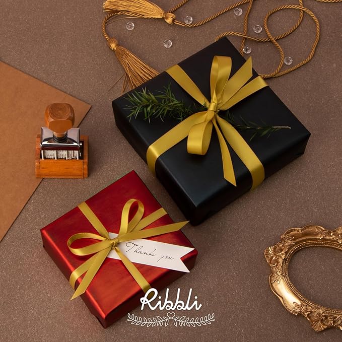 Ribbli Gold Satin Ribbon Double Faced Satin 1/4 Inch x Continuous 100 Yards-Gold Ribbon for Gift Wrapping Crafts Wedding Decoration Bows Bouquet Floral Arrangement