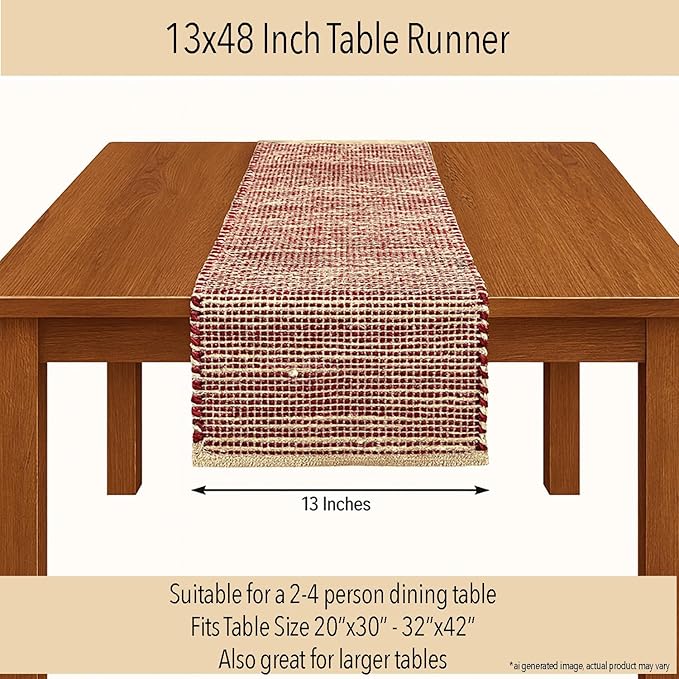 Chardin home Natural Jute Table Runner 13x48 Inch – Vintage Boho Rustic Table Decor – Handwoven Table Runner in Natural Jute and Red – Farmhouse Dining or Console Table Accent