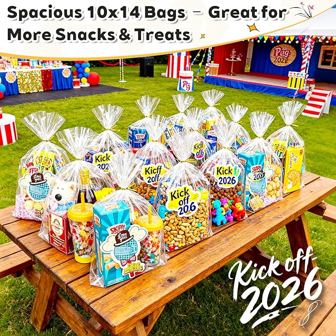 PigPotParty 10"x 14", 100Pcs Bottom Gusset Bags, Clear Plastic Gift Bags, Cellophane Mug Treat Goodie Bags with 100x Twist Ties, Large Party Favor Packaging, Toy Wrapping (No Side Gusset)