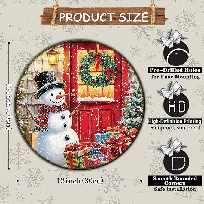 Round Wall Decor Christmas Metal Tin Sign Snowman Sign Rustic Wall Decor Wall Plaque Snowman Wreath Sign for Christmas Round Wreath Wall Decor Vintage Garage Yard Home Decor 12 * 12 in