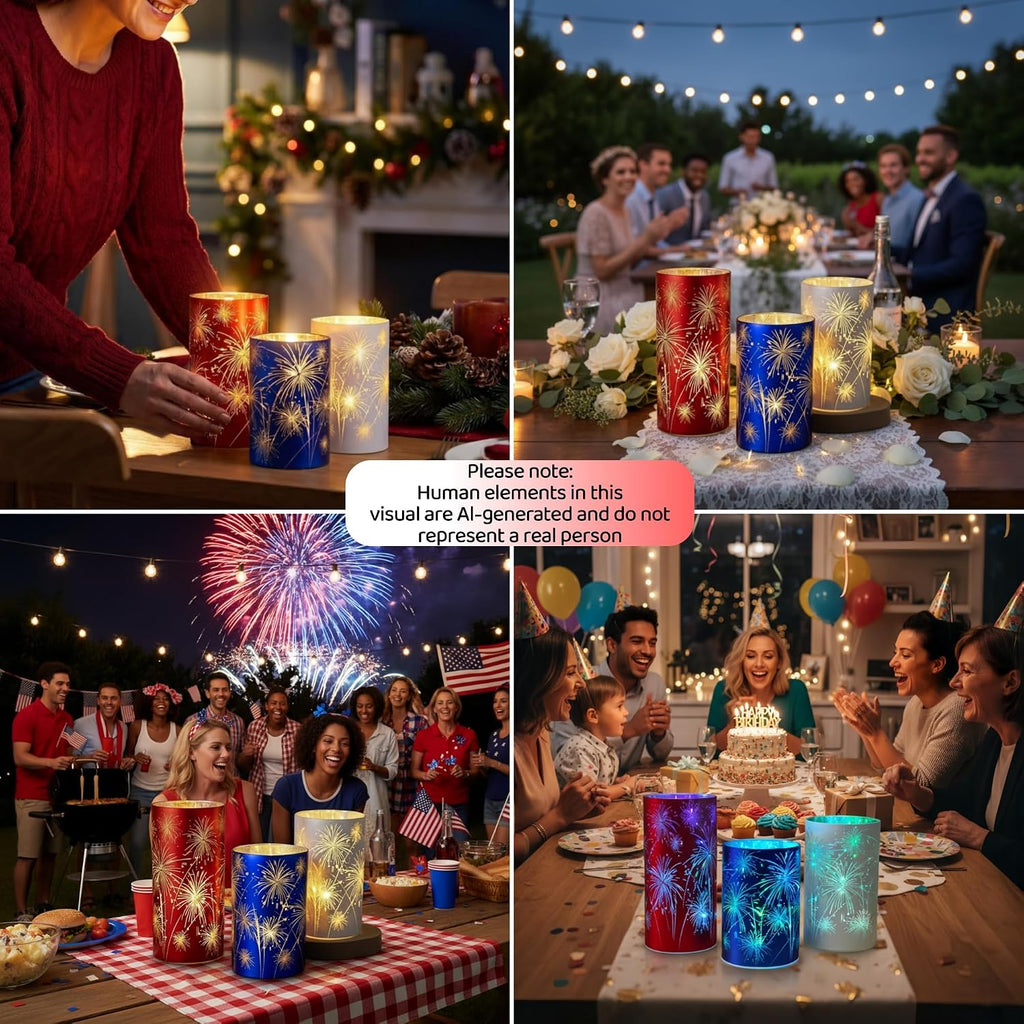 Set of 3 Red White and Blue Celebration Hurricane Firework Lanterns | 3D Etched Starburst Patriotic Led Candles Lights Hurricanes for Birthday Wedding Christmas Parties Chic Modern Home Decor